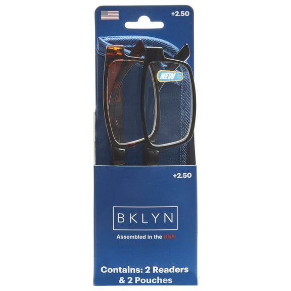 Bklyn, Sumner +2.50, Adult, Mens, Rectangle Plastic Reading Glasses & Pouches Value Pack , 2 Ea