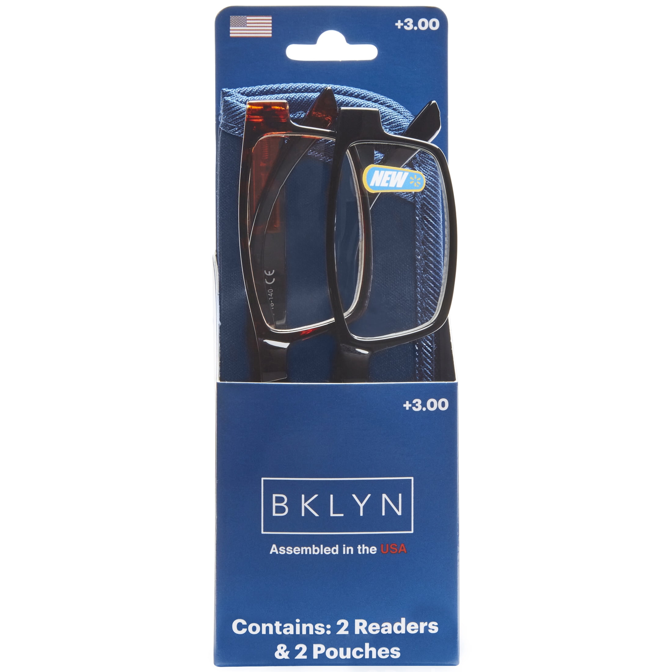 Bklyn, Sumner +3.00, Adult, Mens, Rectangle Plastic Reading Glasses & Pouches Value Pack , 2 Ea