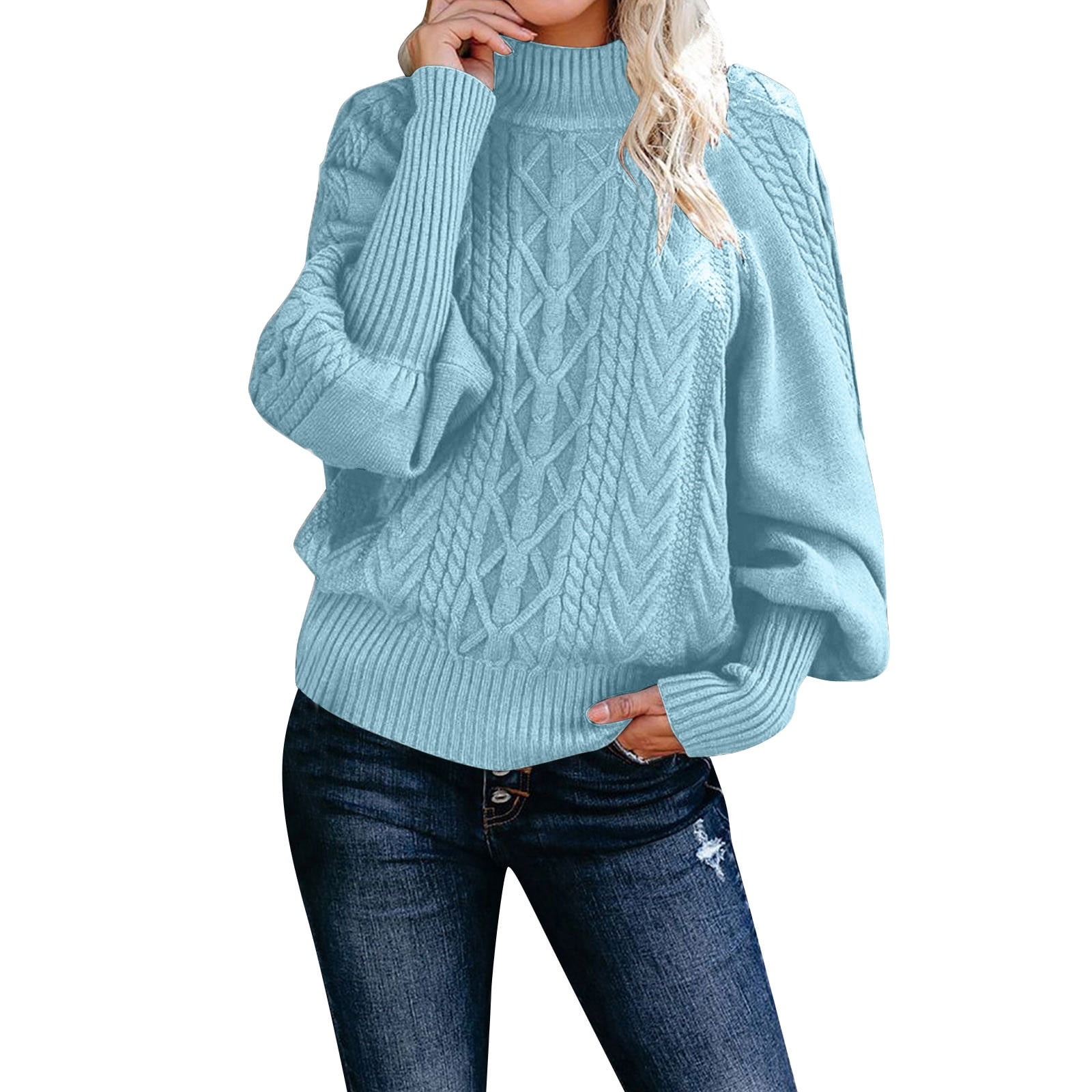 Bkolouuoe Winter Shirts Ladies Mid Neck Sweater Loose Long Sleeve Knit  Solid Color Sweater Pullover Top Pullover Half Zip Sweaters for Women 
