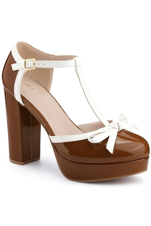 Valentine's Women's Platform T Strap Bow Vintage Block Heels Pumps Brown 7