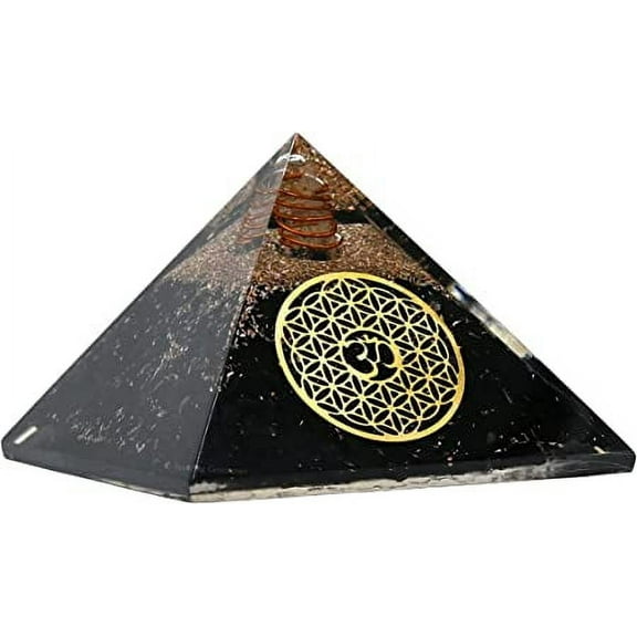 Blacak Toumaline Crystal Orgone Pyramid, Organite Pyramid OM - Flower of Life