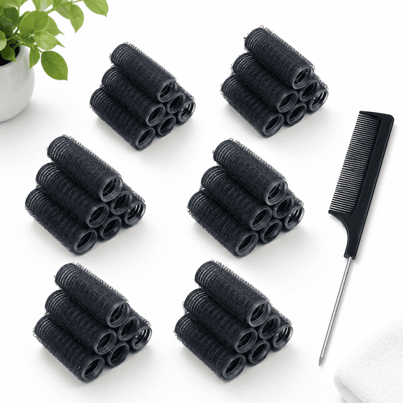 Black 0.6*2.4 Inch 36pc Small Heatless Self Grip Hair Rollers for DIY Curly Hairstyles