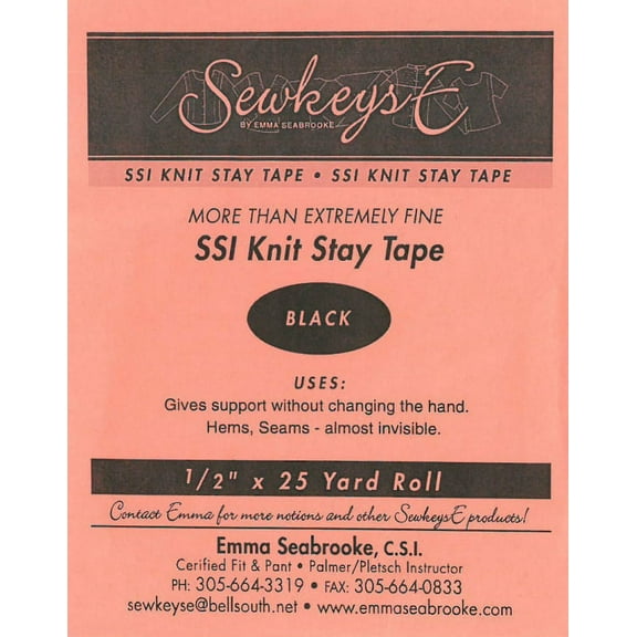 Black - 1/2" Fusible SS1 Knit Stay Tape - More Than Extremely Fine 0.5" X 25 yards SewkeysE Knit Interfacing Sold by the 25 yard Roll (SSI.5-BL) M494.19
