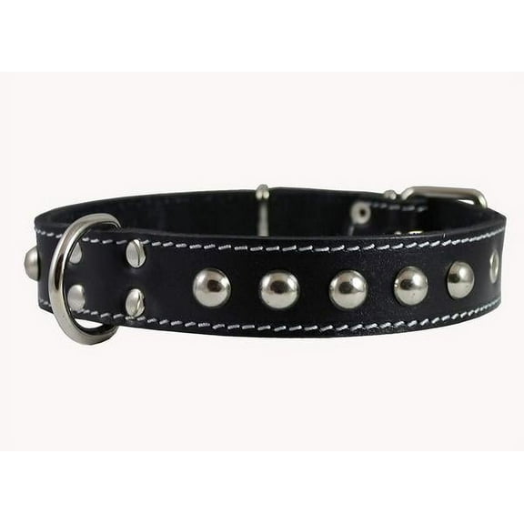 Black 1.25" Wide Thick Real Leather Studded Dog Collar. Fits 15"-20" Neck, Medium Breeds.