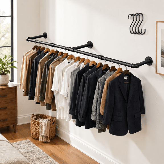 Black 1 64.9in Industrial Pipe Wall Mounted Heavy Duty Iron Clothes Rack