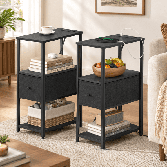 Black 1 Drawer(Plug) Small Narrow End Table with Charging Station