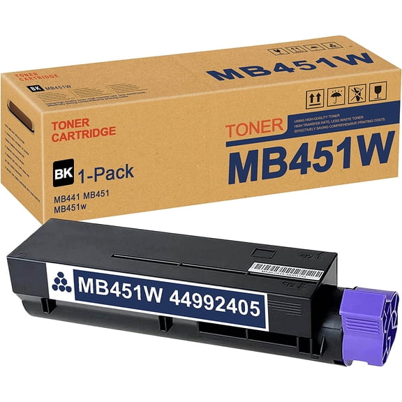 (Black,1 Pack) MB451W 44992405 Toner Cartridge Replacement for OKI MB441 MB451 MB451W Toner Kit Printer