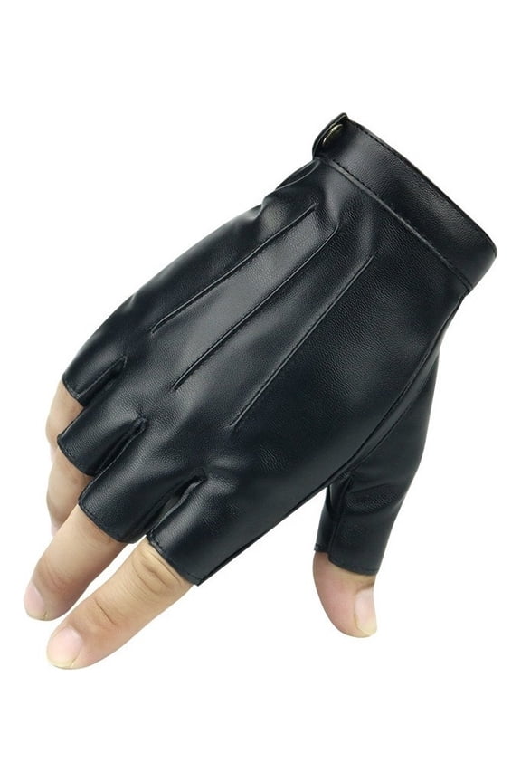 Black 1 Pair Pu Leather Half Finger Gloves.