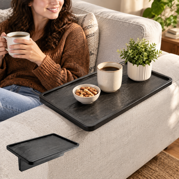 Black 1 Solid Pine Wood Couch Tray For Sectionals and Single Sofas