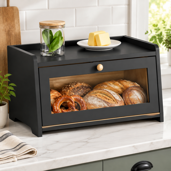 Black 1-Tier Large Bread Box for Kitchen Countertop Food Storage