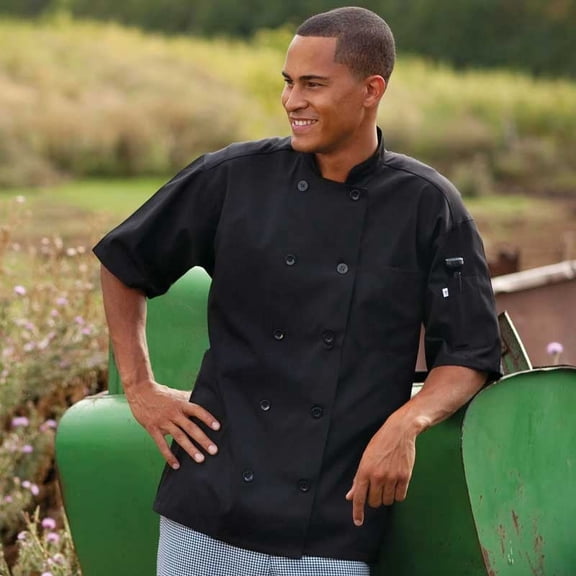 Black 10 Button Short Sleeve Poplin Chef Coat (Size: XL)