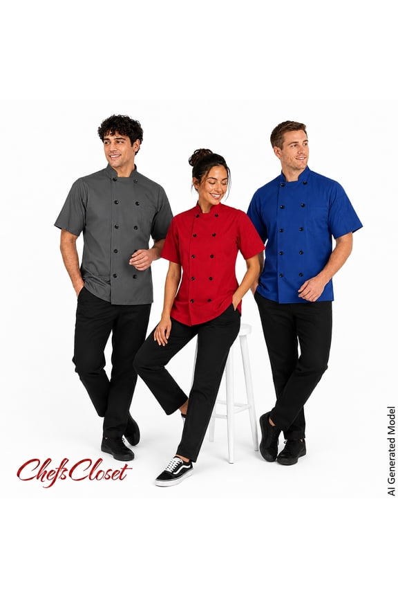 Poplin Short Sleeve 10 Button Chef Coat, Black, Size XS