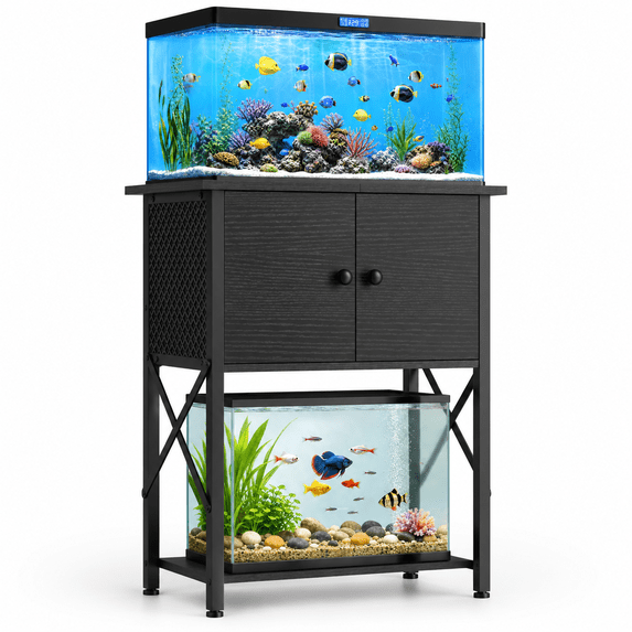 Black 10 Gallon Aquarium Stand with Storage Cabinet, Heavy Duty Metal Frame