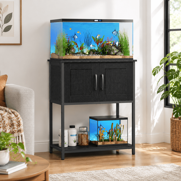 Black 10 Gallon Metal Frame Aquarium Stand with Storage Cabinet and Open Shelf