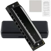 Black 10-Hole 20-Tone C Key Diatonic Harmonica - With Case, Ideal for Adult Beginners, Pros & Students, Great Musical Gift