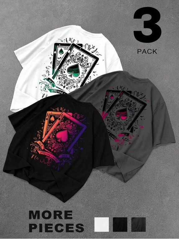 Black 10 Oversized Graphic Short Sleeve T-Shirt With Gradient Ace Of Spades Print, Streetwear Loose Fit Tee For Men