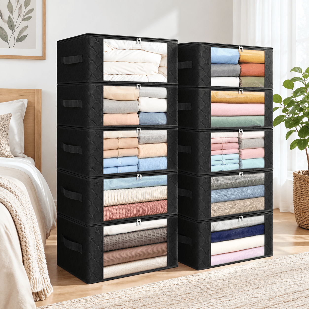 Black 10 Pack-35l Foldable Closet Under Bed Fabric Storage Containers