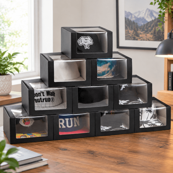 Black 10-Pack Hat Gift Boxes with Clear Window for Baseball Caps and Snapbacks
