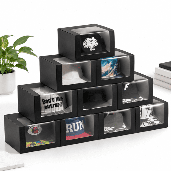 Black 10-Pack Hat Gift Boxes with Window, Fits Baseball Caps and Snapbacks