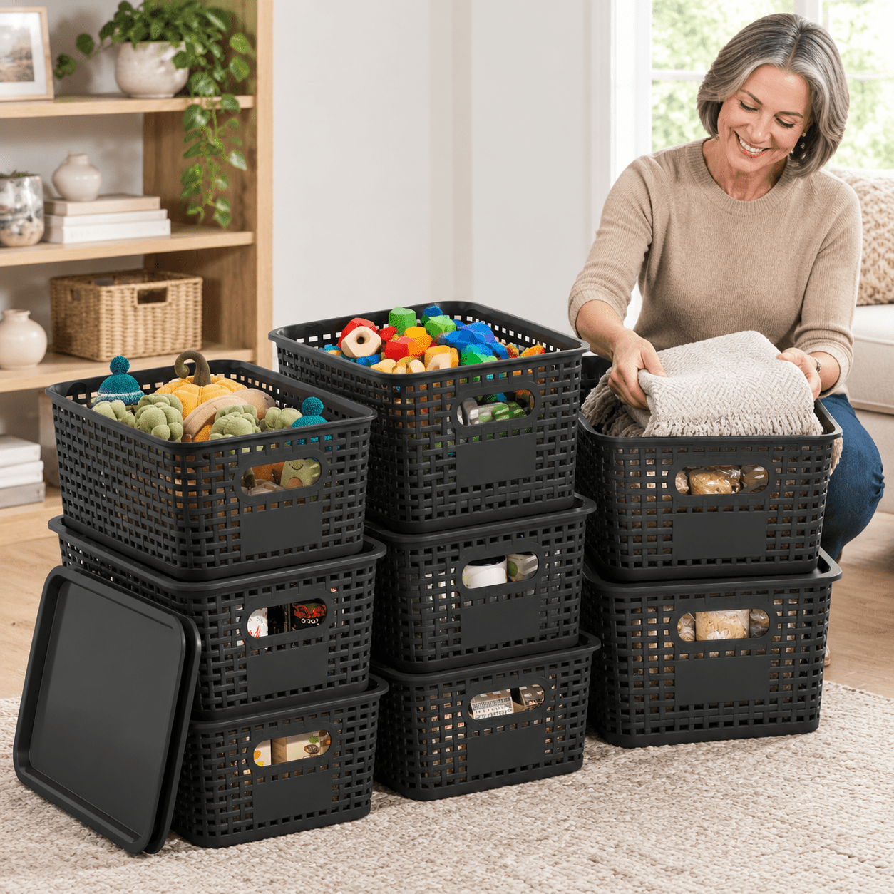 Black 10 Pack Stackable Plastic Storage Containers With Lids For ...