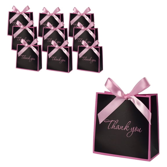 Black 10-Pack Stamping Bow Hand Bags, Mini Gift Bags 14X14X6Cm, High-Quality Paper Material For Party Favors Snacks, Festive Decorative Storage For Desktop