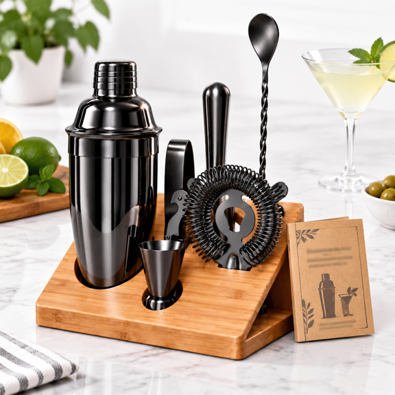 Black 10-Piece Stainless Steel Cocktail Shaker Mixology Bar Tool Set With Stand