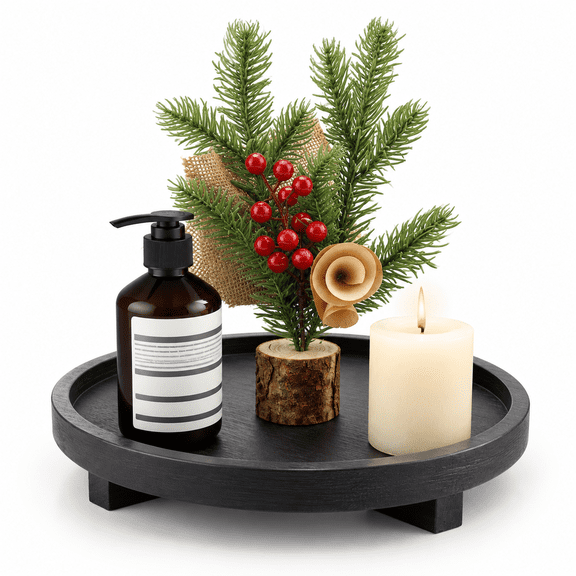 Black 10" Round Decorative Wooden Tray for Bathroom Counter and Tabletop Use