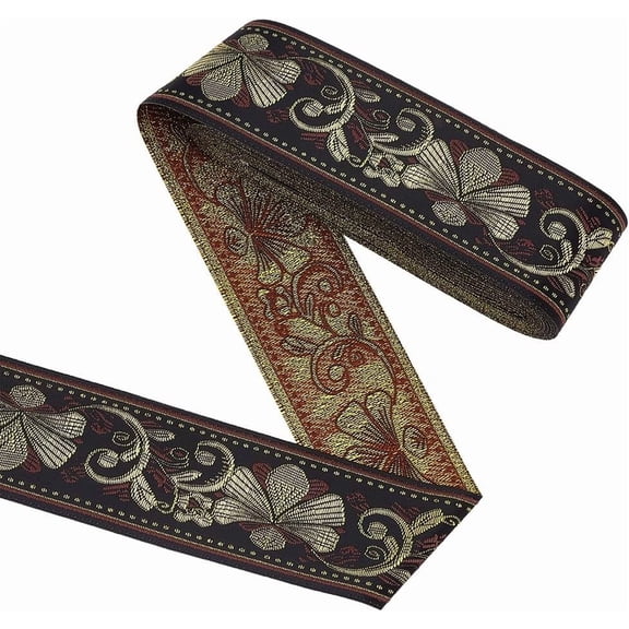 Black 10 Yards Metallic Gold Ribbon - 2 Inch Black Ethnic Embroidered Lace Trim Floral Pattern Vintage Trim for DIY Clothing Accessories Decor