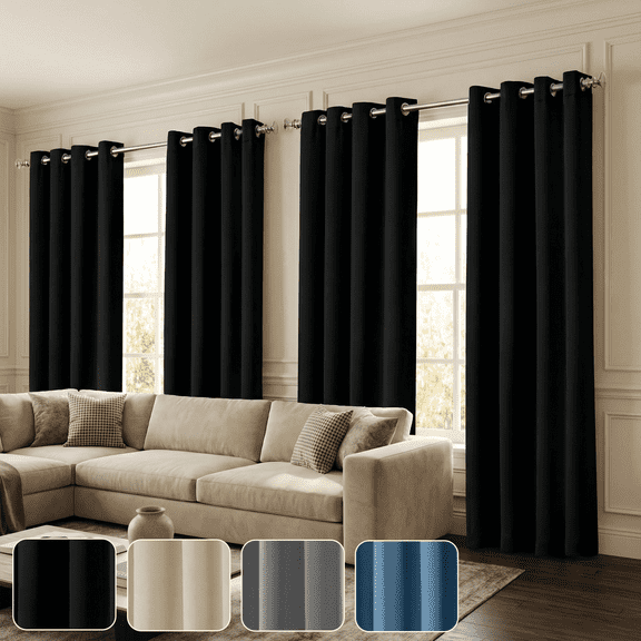Black 100% Blackout Curtains, 4 Panels, 52 x 95 in, Grommet Thermal Insulated Noise Reducing Window Curtain Panels for Bedroom and Living Room