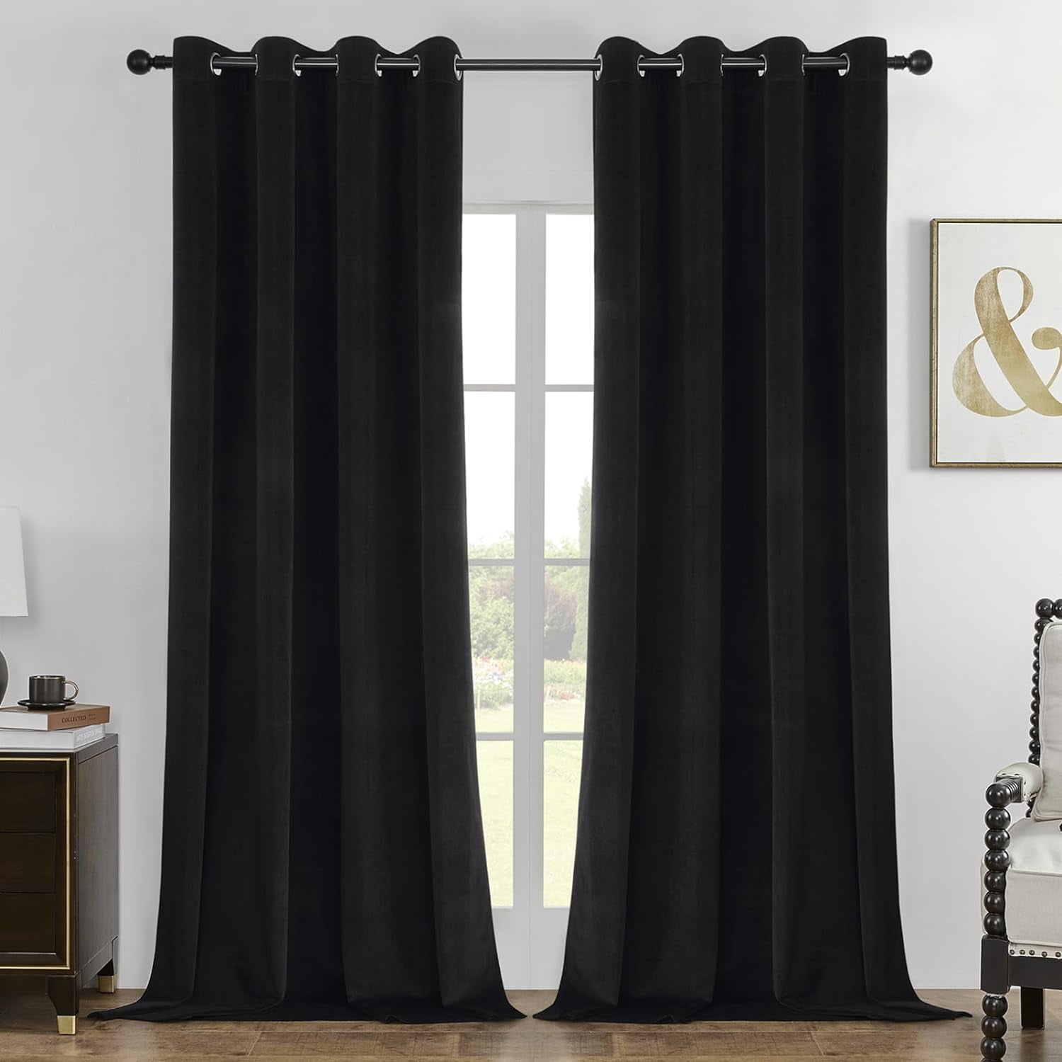Black Velvet 96-Inch Blackout Curtain Panels with Rod Pocket