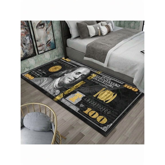 Black 100 Dollar Bill Printed Area Rug, Plush Thickened Bedroom Living Room Decor, Non-Slip Backing