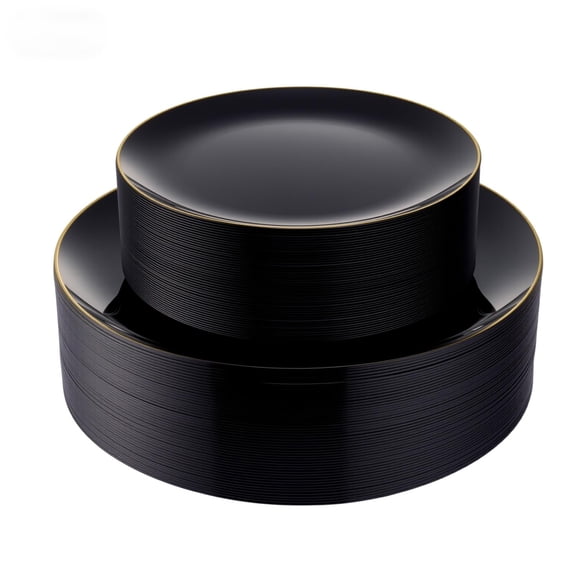 Black 100 Plastic Party Plates, 50 Dinner 50 Dessert for Graduation Wedding