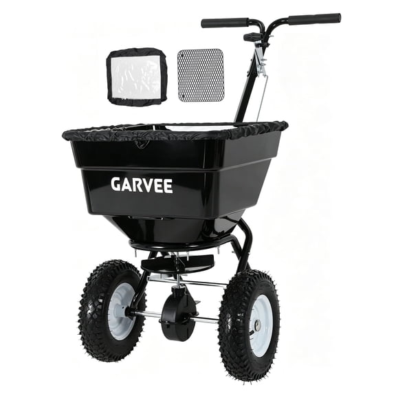 Black 100LBS Walk Behind Broadcast Spreader, 12FT Spread Width, 13in All-Terrain Wheels, Adjustable Flow Control Lawn Spreader for Grass Seed, Fertilizer, Salt, Ice Melt