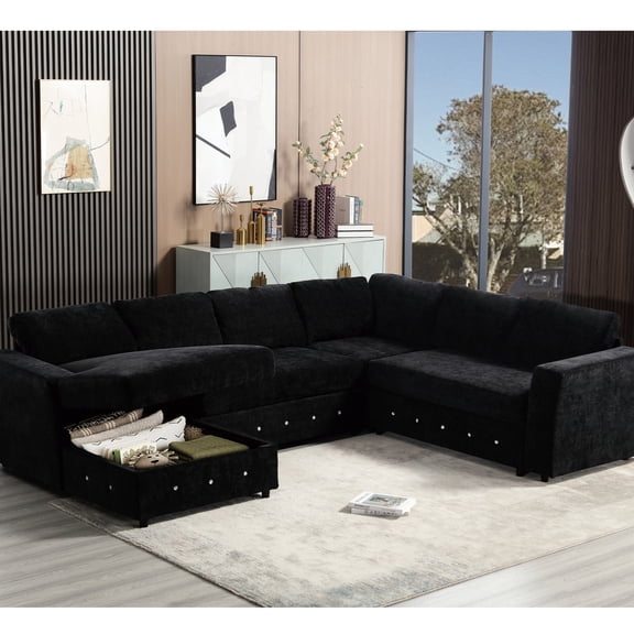 Black 108.22" Modular Couch With Abundant Storage Space, Chenille Upholstery, Crystal Button For Living Room, Apartment Oversized Copious Capacity, U Shaped, Button, Home