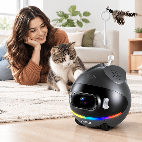 Black 1080p Dual Lens Movable Indoor Security Robot Camera with 2-Way Talk and Night Vision