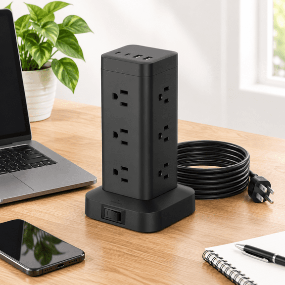 Black 10FT 16-in-1 Surge Protector Tower with 30W PD Fast Charging Ports for Home Office