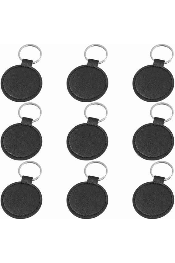 Black 10PCS PU Leather Keychain Blanks Black Double Side Leather Keychain Kits with Key Rings Round Sublimation Key Fob Holder Heat Transfer Keyring Bulk for DIY Craft Making Birthday Gift