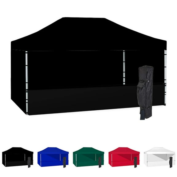 Black 10x15 Instant Canopy with 3 Full Walls and 1 Half Wall - Commercial Grade Aluminum Frame with Water-Resistant Canopy Top and Sidewalls - Bonus Canopy Bag and Stake Kit Included (5 Colors)