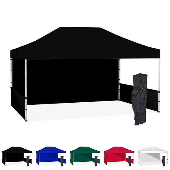Black 10x15 Instant Canopy Tent with 1 Full Wall and 2 Half Walls - Commercial-Grade Steel Frame with Water-Resistant Canopy Top and Sidewalls - Bonus Canopy Bag and Stake Kit Included (5 Colors)