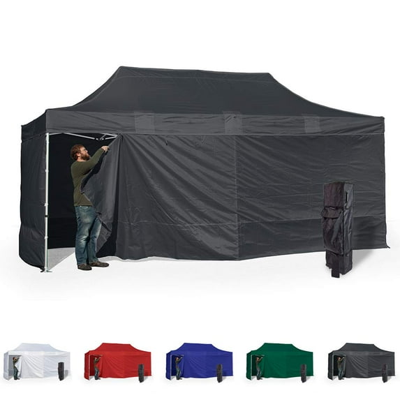 Black 10x20 Instant Canopy Tent and 4 Side Walls - Commercial Grade Aluminum Frame with Water-Resistant Canopy Top and Sidewall - Bag and Stake Kit Included (5 Color Options)