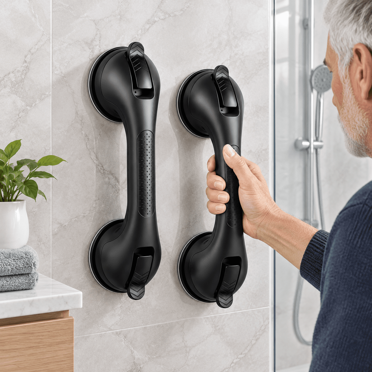 Shower Riser Grab Rails Black 11.8 inch 2-pack suction grab bars for bathroom shower and tub ...