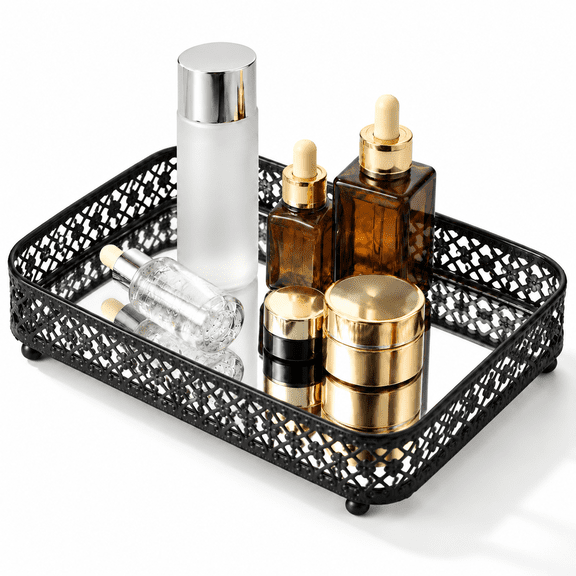 Black 11.8" x 7.9" x 2" Metal Mirrored Makeup Organizer Vanity Tray