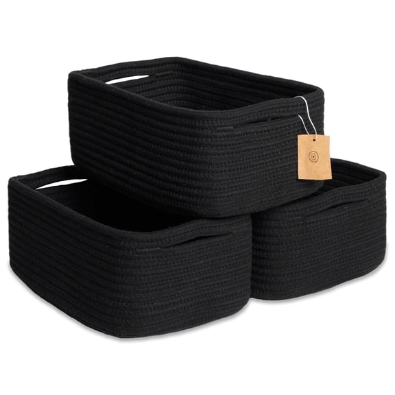 Black 11.8" x 8" x 4.5" Rectangle Rope Woven Storage Baskets 3 Pack for Shelves, Bathroom, Closet