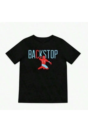 Black 11 Backstop Graphic Tee - Bold Red Blue Typography Streetwear Crew Neck Unisex T-Shirt