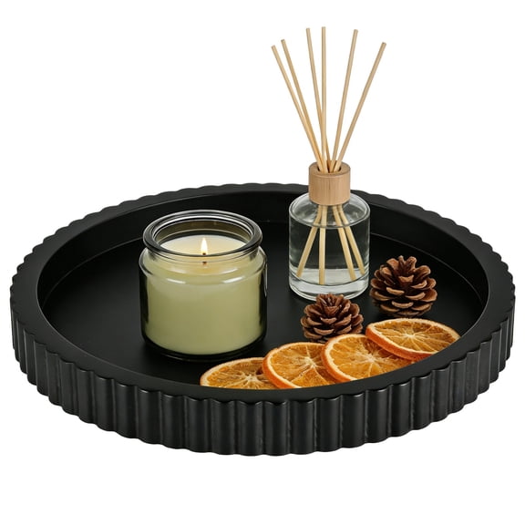 Black 11-Inch Round Handcrafted Wood Serving Tray, Elegant Wavy Edge Centerpiece for Coffee Table, Stylish Versatile Multipurpose Farmhouse Decor & Countertop Organization