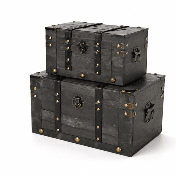 Black 11" x 13" Wooden Vintage Suitcase Storage Set of 2 Decorative Antique Trunks