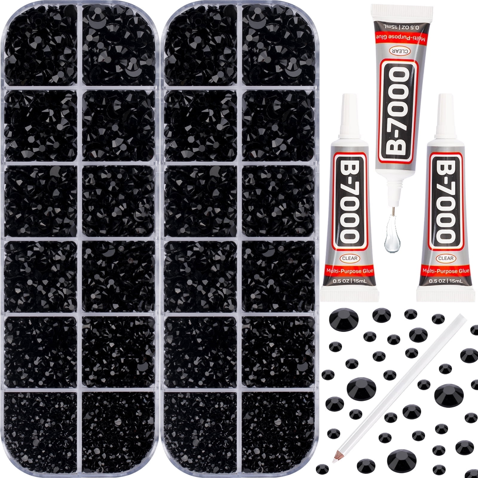 Black 11000 Pcs Flatback Plastic Rhinestones with 45ml B7000 Glue for DIY, Crafts, Decoration