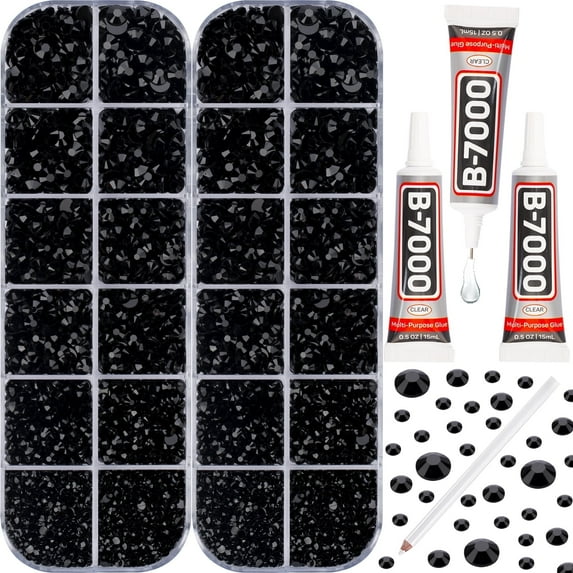 Black 11000 Pcs Flatback Plastic Rhinestones with 45ml B7000 Glue for DIY, Crafts, Decoration