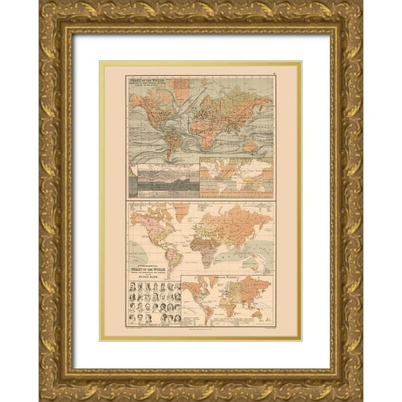 Black 11x14 Gold Ornate Wood Framed with Double Matting Museum Art Print Titled - Ocean Currents Human Races World - Black 1867