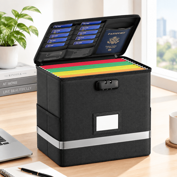 Black 12.2"x6"x10.2"(M) Collapsible Document File Storage Box with Lock